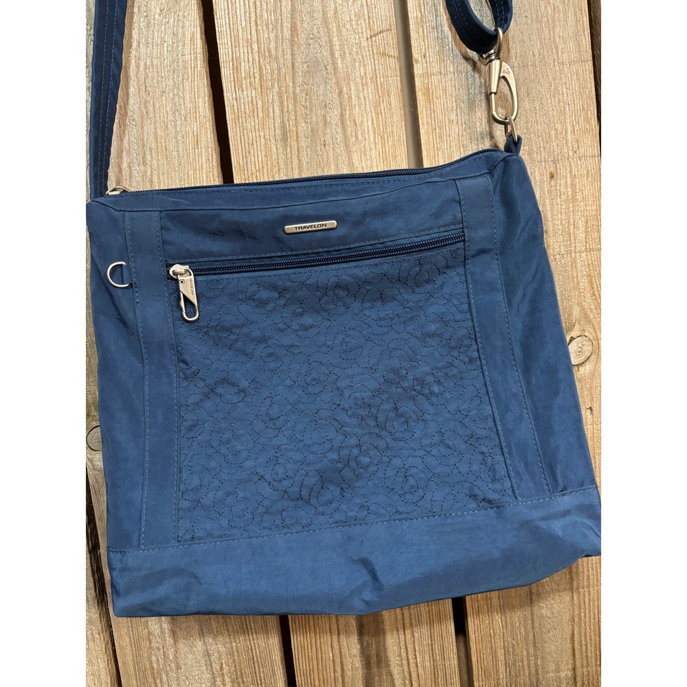 Travelon Anti-Theft Crossbody Bag Navy Blue Nylon RFID Blocking Floral Quilt - Picture 2 of 9
